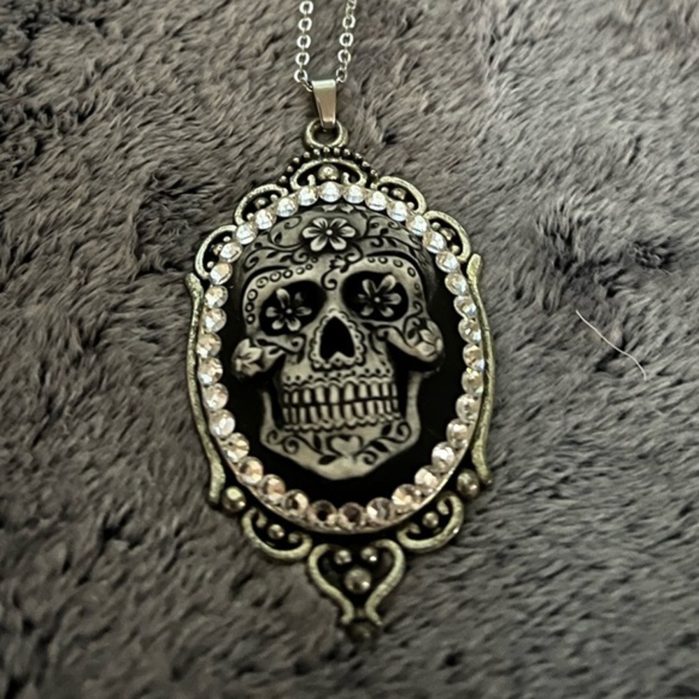 Diamonds and Coal Crystal Sugar Skull Pendant Necklace 12in